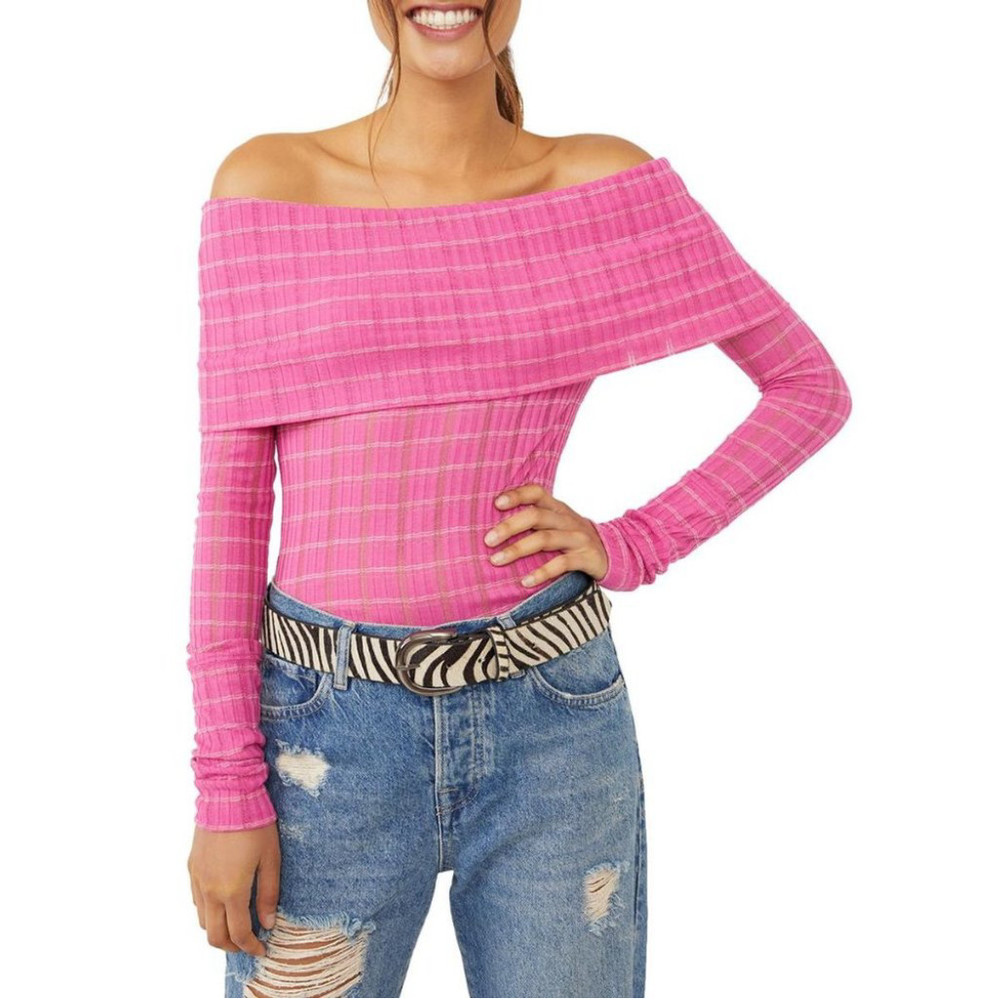 Free People Off the Shoulder Pink Long-sleeved Sheer Snowbunny Top NWT Size M